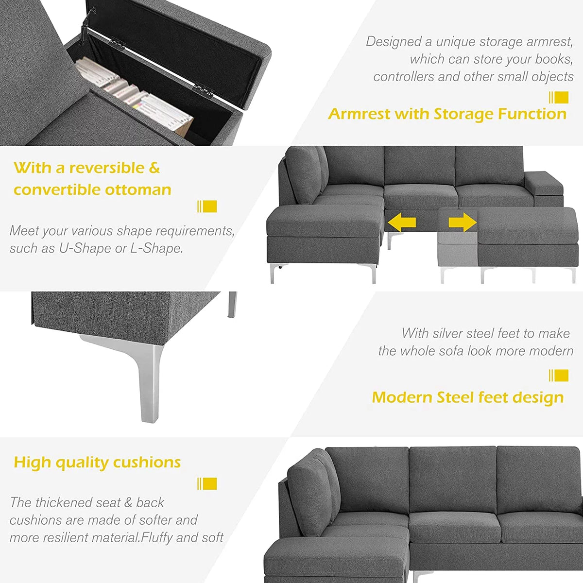 Gray Sectional Sofa with Armrest Storage L131781