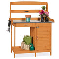 Wooden Potting Bench with Metal Table Top and Cabinet H398325