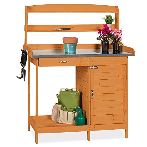 Wooden Potting Bench with Metal Table Top and Cabinet H398325