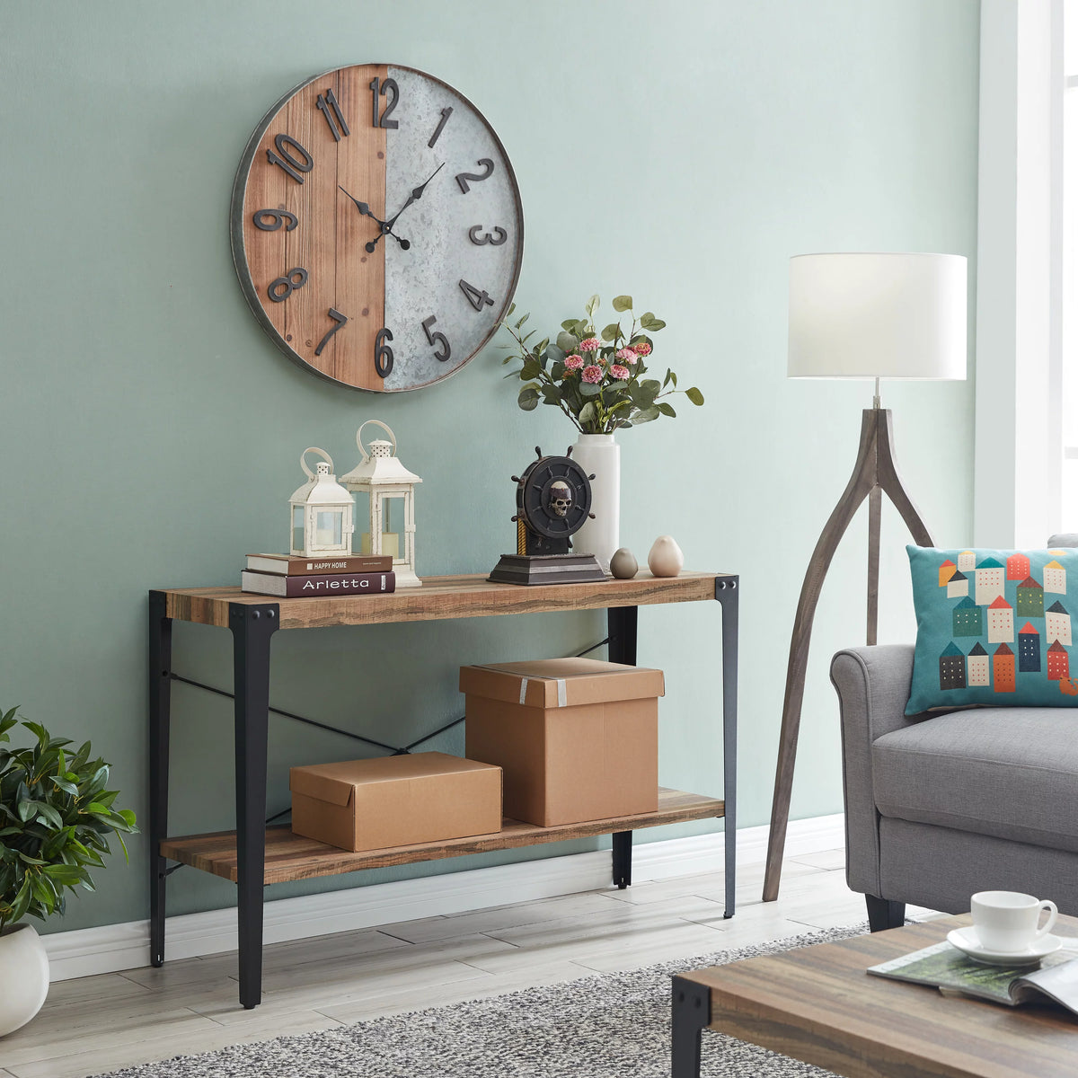 Industrial Console Table with Metal Legs and Distressed Wood Finish F73619