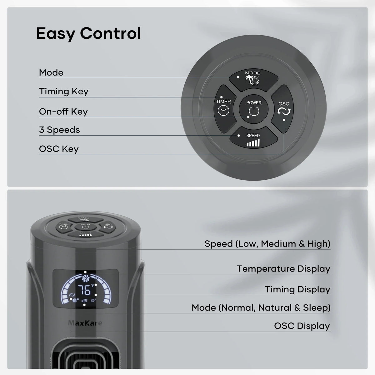 36 Tower Fan with Remote, 3 Speeds 3 Modes 15H Timer, 90° Oscillating, Grey S81923