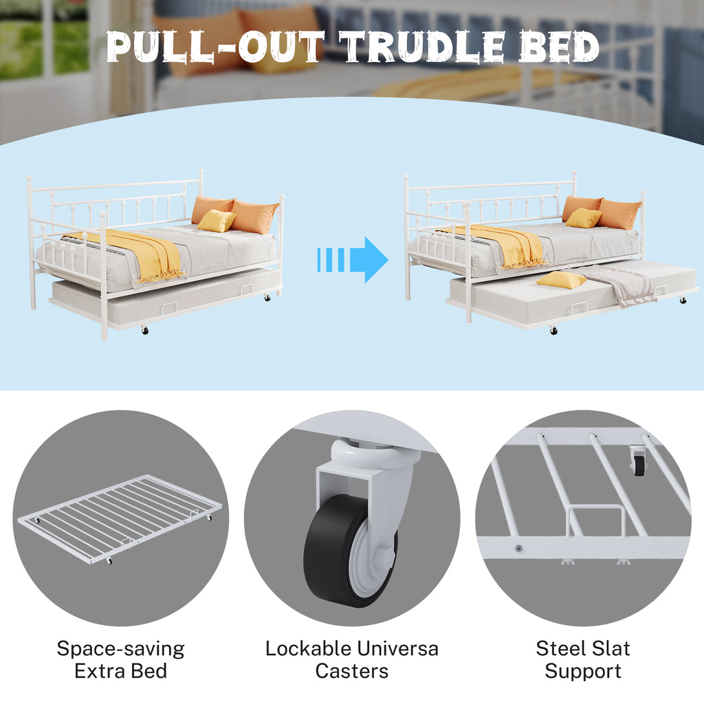 White Twin Size Metal Daybed with Trundle E2836