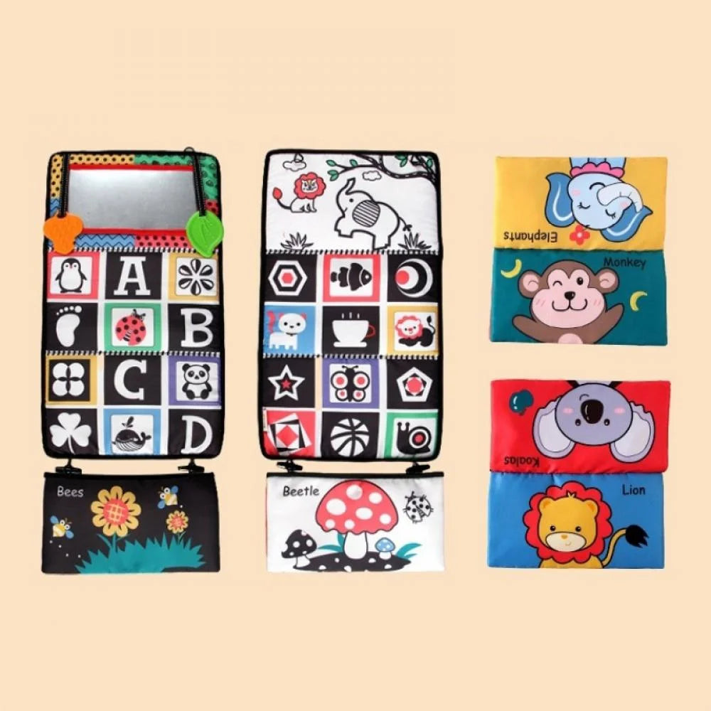 Tummy Time Floor Mirror with Crinkle Cloth Book and Teethers, High Contrast Black and White Baby Toys, Montessori Sensory Crawling Toy X423