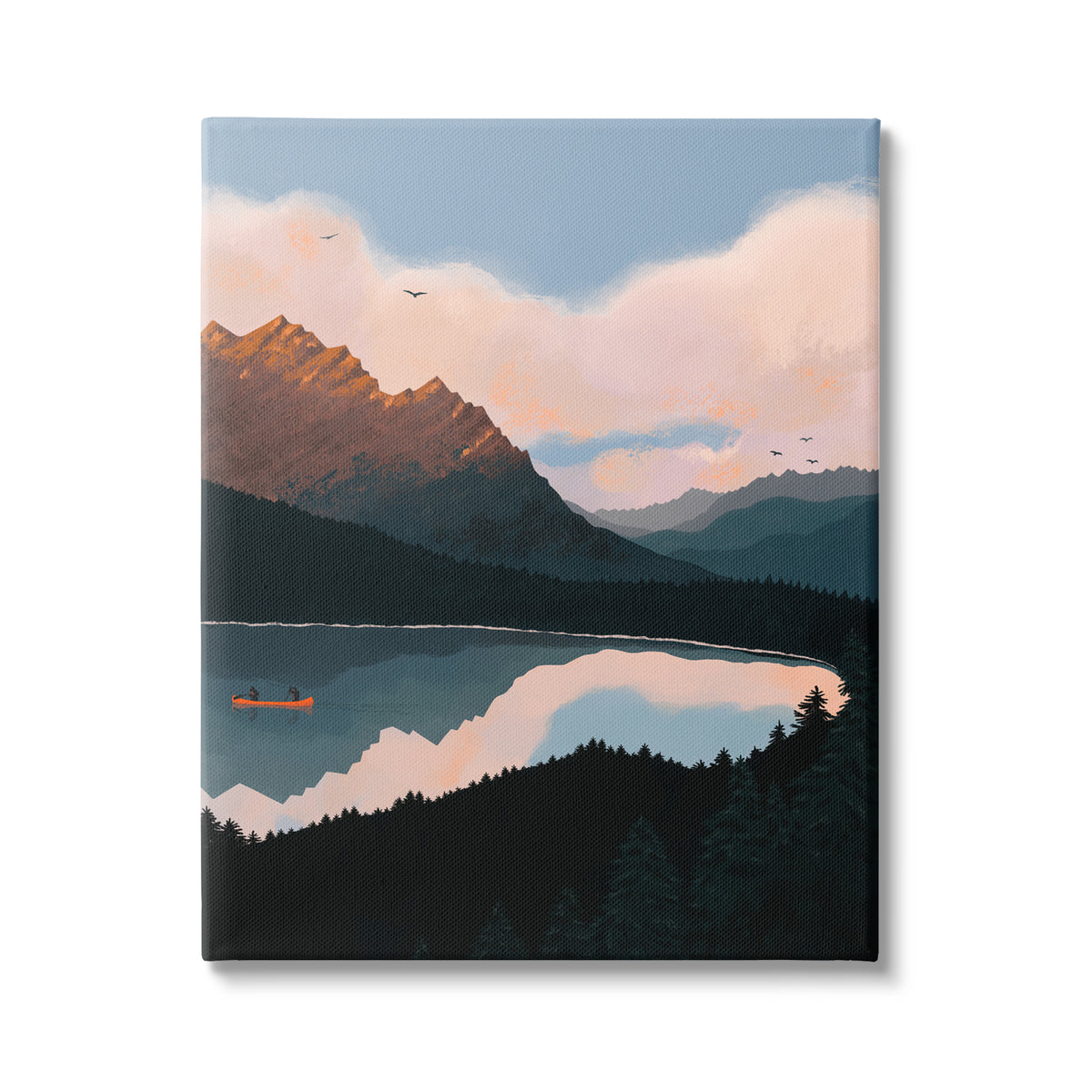Mountain Range River Canoe Cloudy Wilderness Birds Canvas Wall Art, 24 x 30 C1010