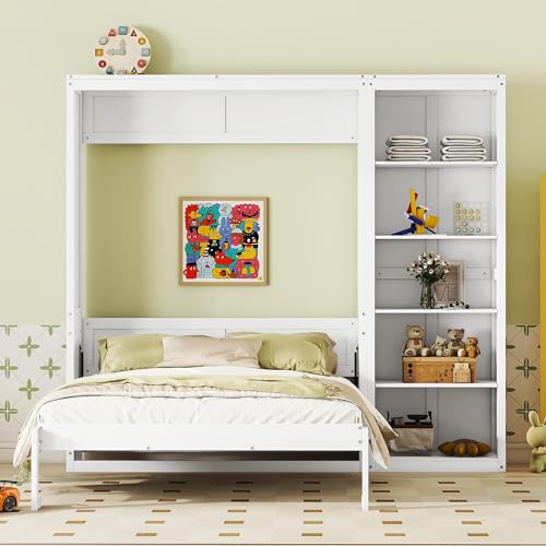White Full Size Murphy Bed with Storage Shelves I93290