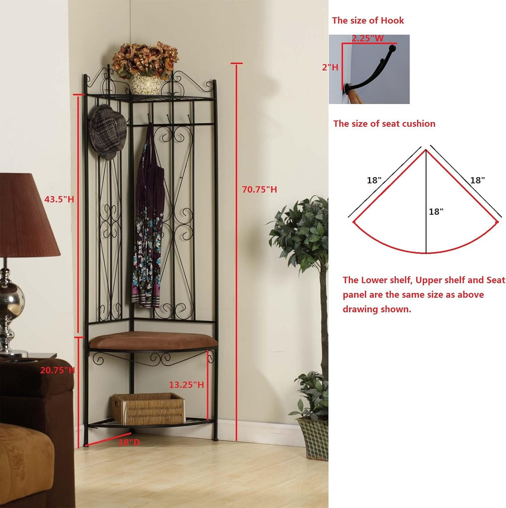 Black/Brown 6 Hook Corner Hall Tree with Bench & Shoe Storage H56781