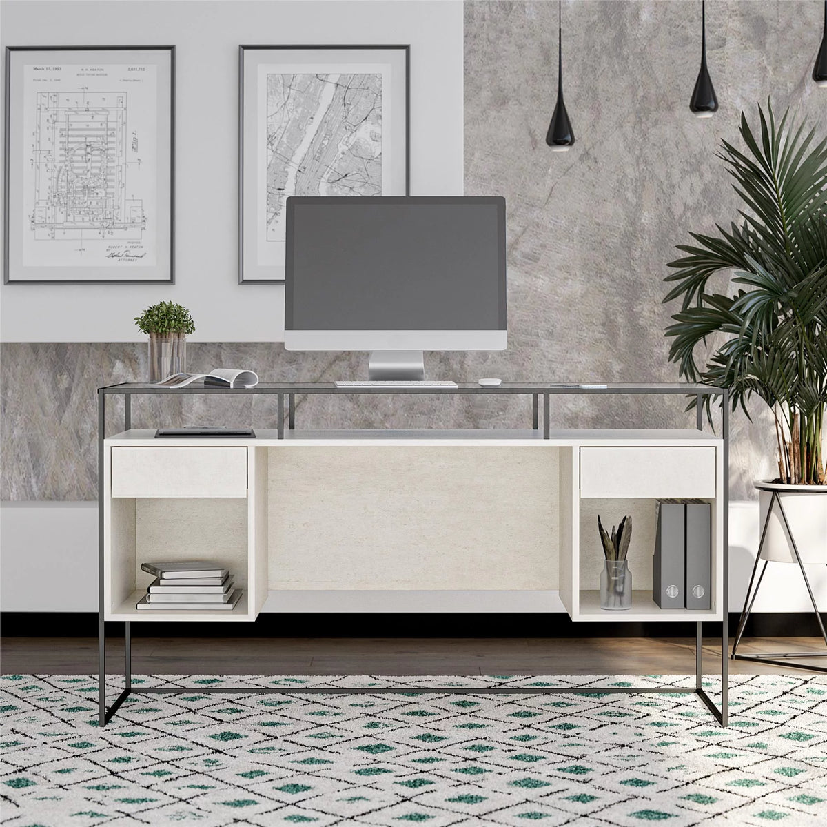 Modern Desk with 2 Drawers and Storage H439