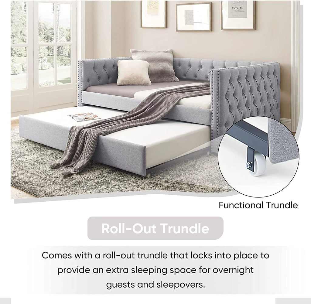 Light Grey Linen Upholstered Twin Size Daybed with Trundle S9181