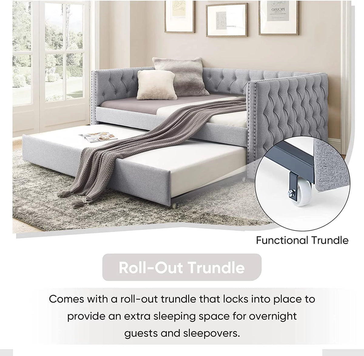 Light Grey Linen Upholstered Twin Size Daybed with Trundle S9181