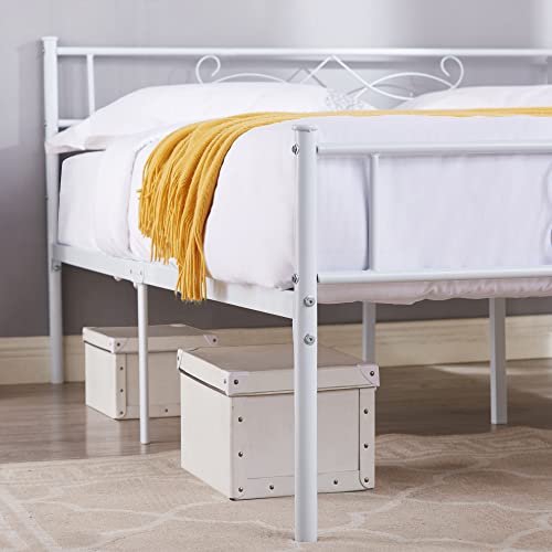 14" Full Size White Metal Platform Bed Frame with Headboard V286