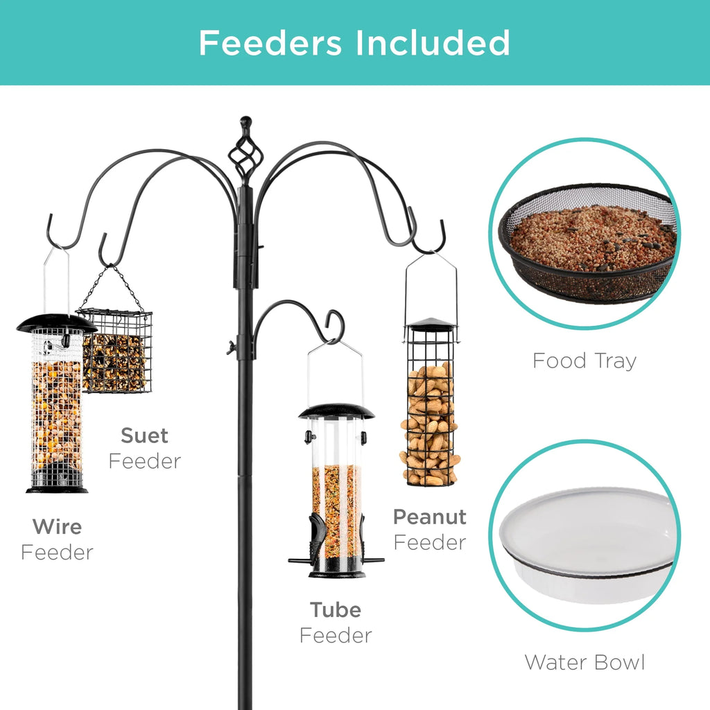 89in 6-Hook Steel Bird Feeding Station with Feeders Tray and Bird Bath C211678