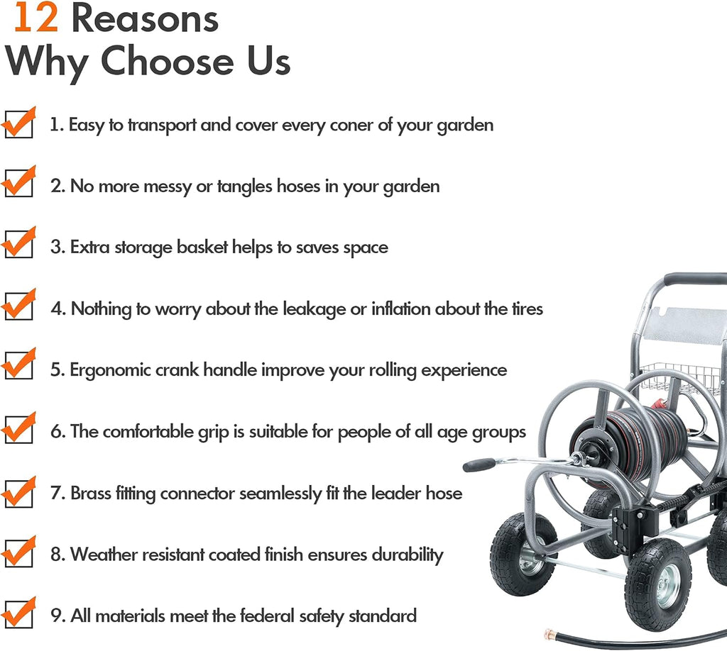Industrial Hose Reel Cart with 4 Solid Wheels, 250-Feet Capacity G7200