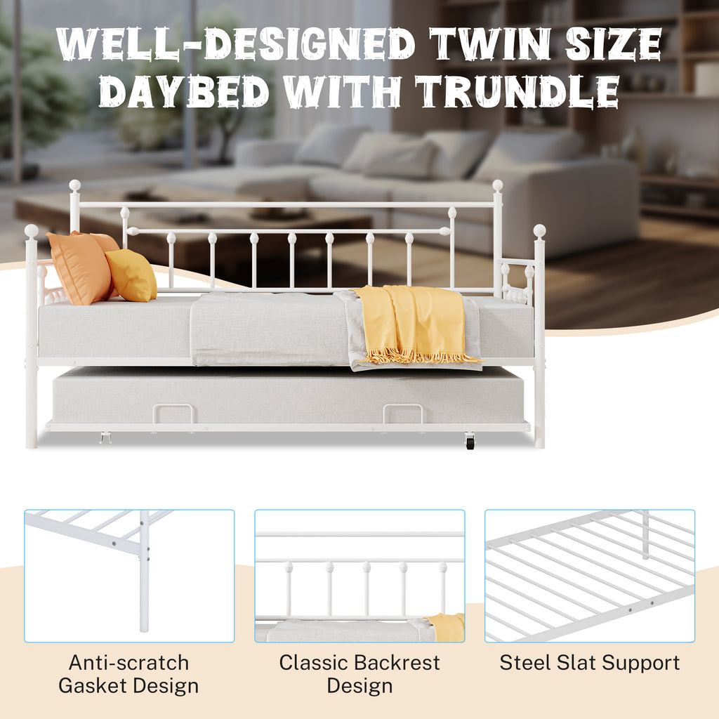 White Twin Size Metal Daybed with Trundle E2836
