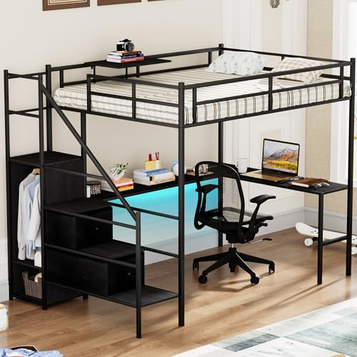 Black Full Size Loft Bed with L-Shaped Desk and Stairs X1305