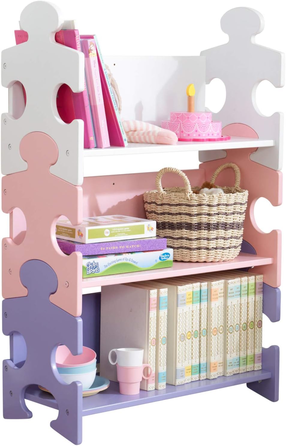 Wooden Puzzle Piece Bookcase with Three Shelves, Pastel F639948