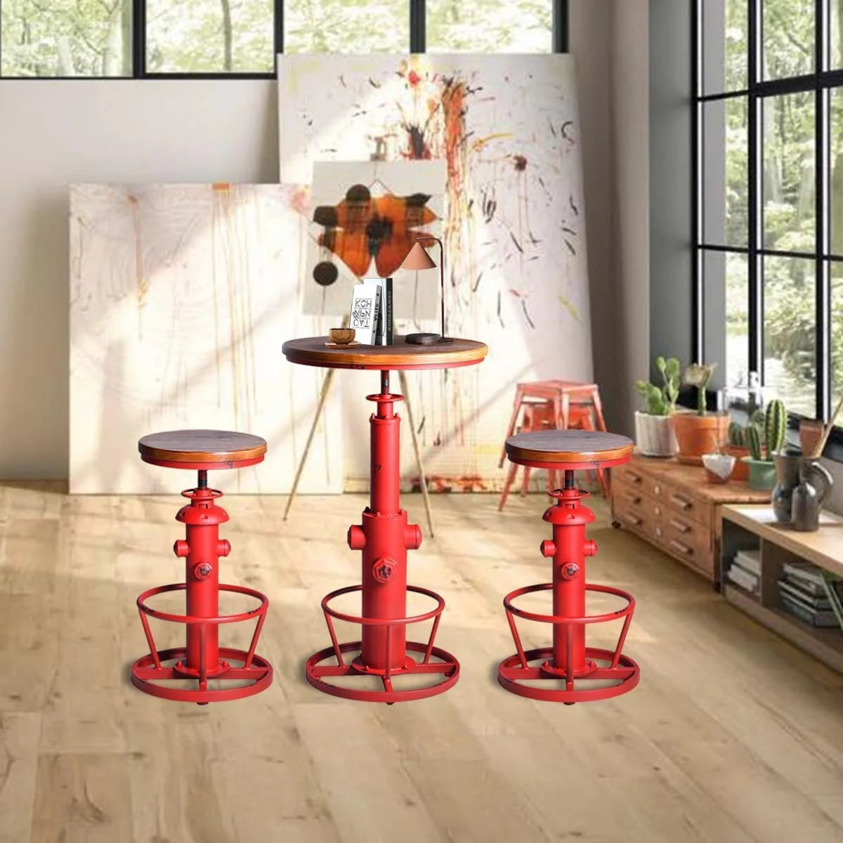 Industrial Swivel Round Wooden Top Height Adjustable Bar Table T408