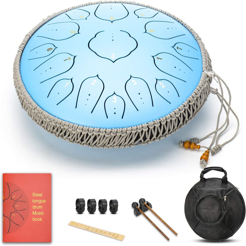 Green 15 Notes 14 Inches Steel Tongue Drum with Carrying Bag & Mallets W317