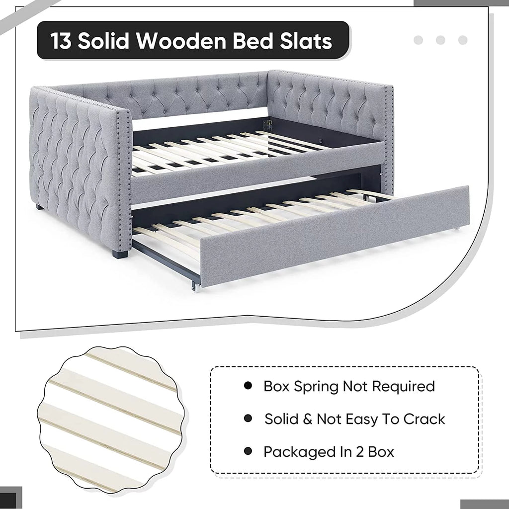 Light Grey Linen Upholstered Twin Size Daybed with Trundle S9181