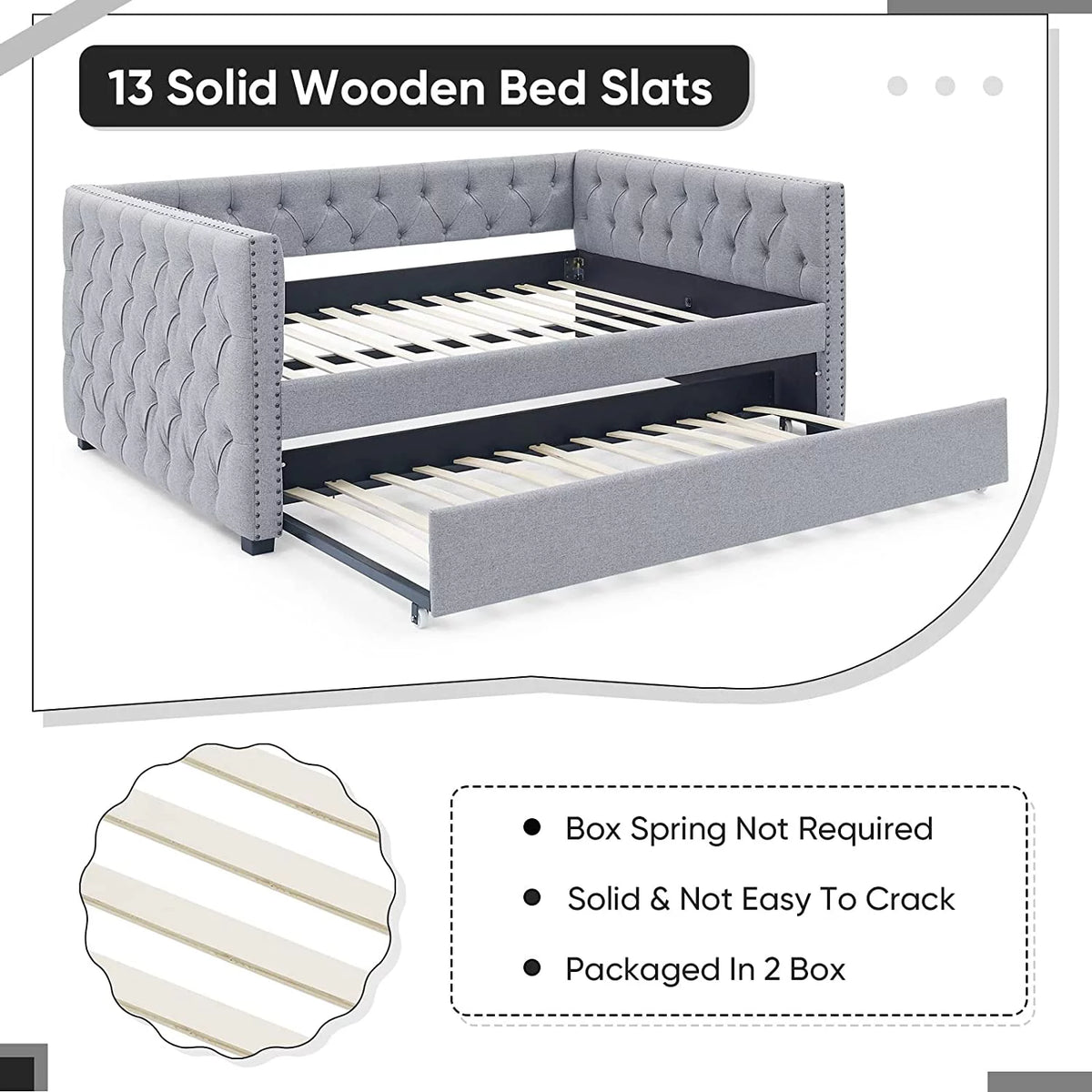 Light Grey Linen Upholstered Twin Size Daybed with Trundle S9181