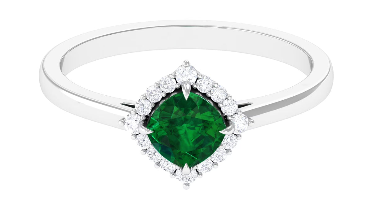 Cushion Cut Lab Grown Emerald Ring with Diamond Halo, 10K White Gold, US 7.50 Y545981