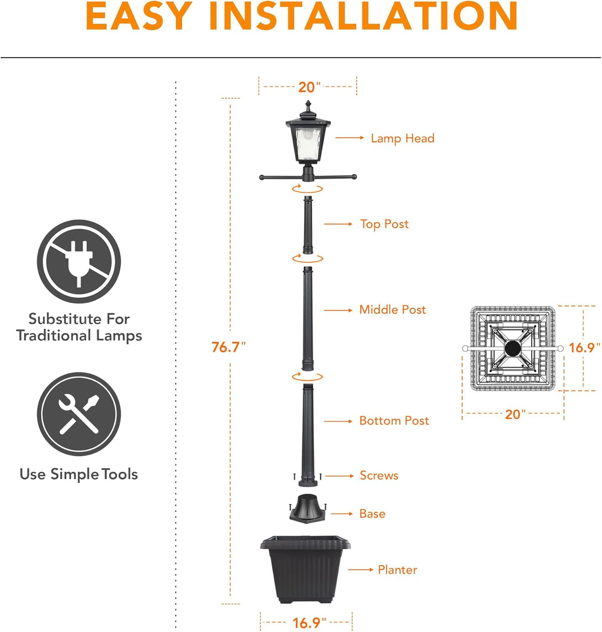 76" Height Solar Lamp Post Lights with Planter, Die-Casting Aluminum, Glass Lampshade with Warm White LED, Matte Black M94037