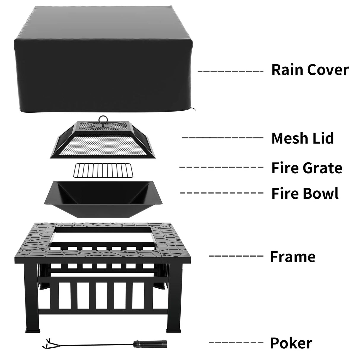 32 Square Metal Fire Pit with Cover and Poker, Black N463907