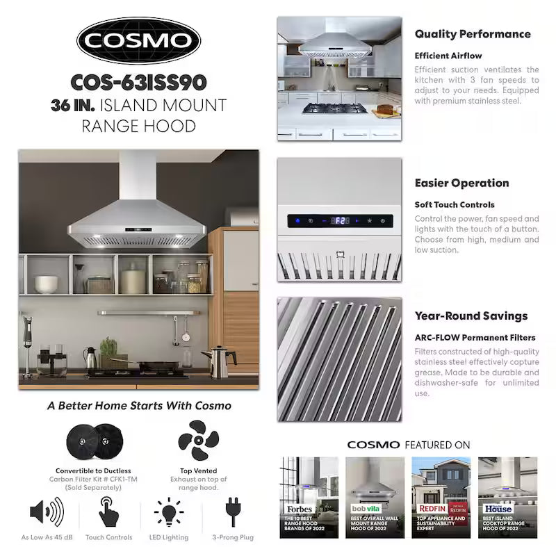 36 in. 380 CFM Ducted Island Range Hood with LED Lighting in Stainless Steel E673