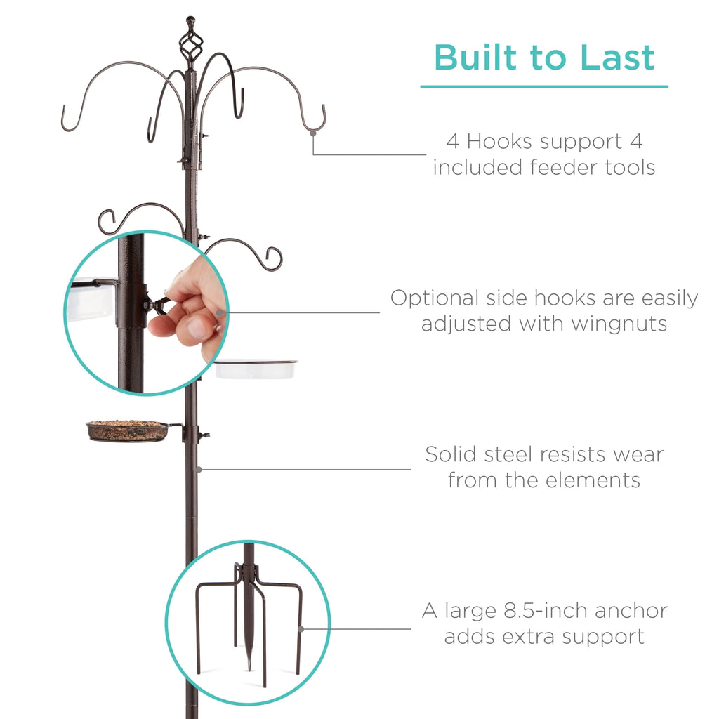 89in 6-Hook Steel Bird Feeding Station with Feeders Tray and Bird Bath C211678