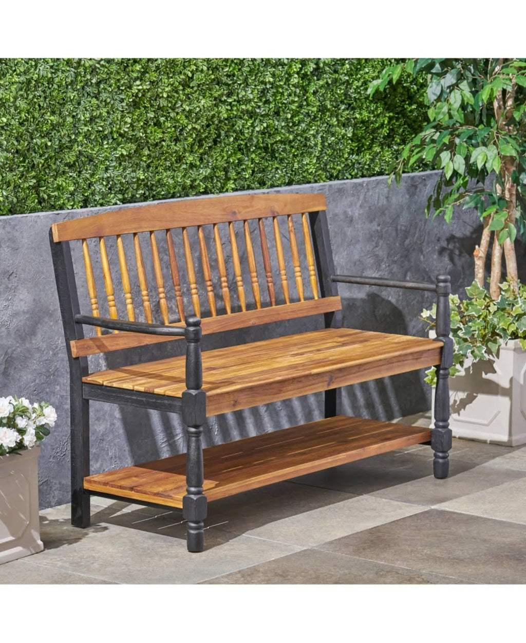 Rustic Acacia Wood Bench with Shelf Z47595