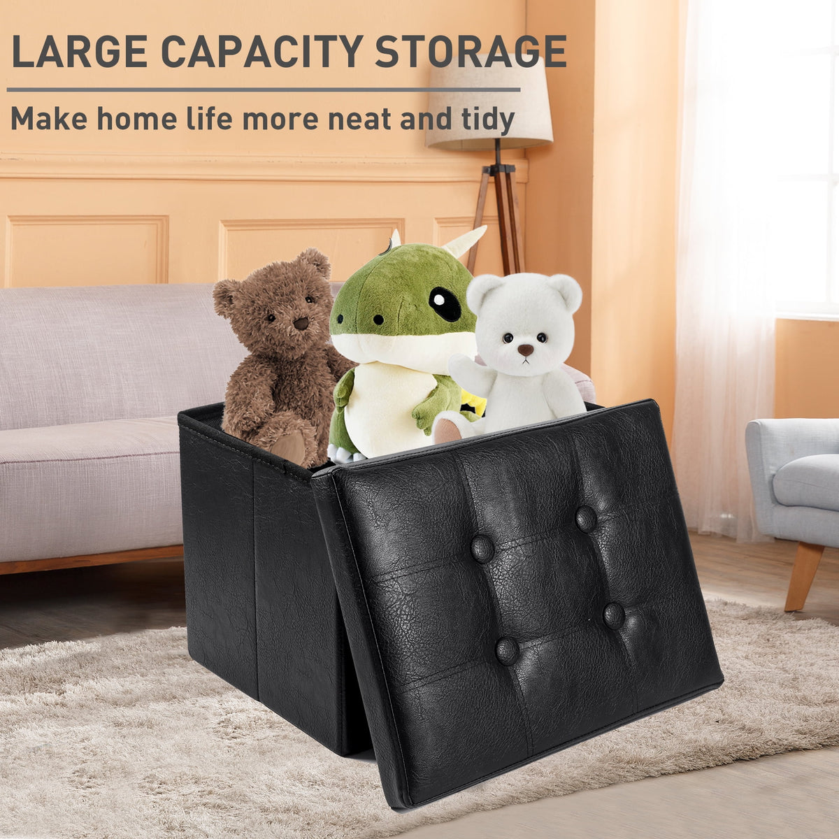 Black Folding Storage Ottoman with Padded Seat 17IN P492177