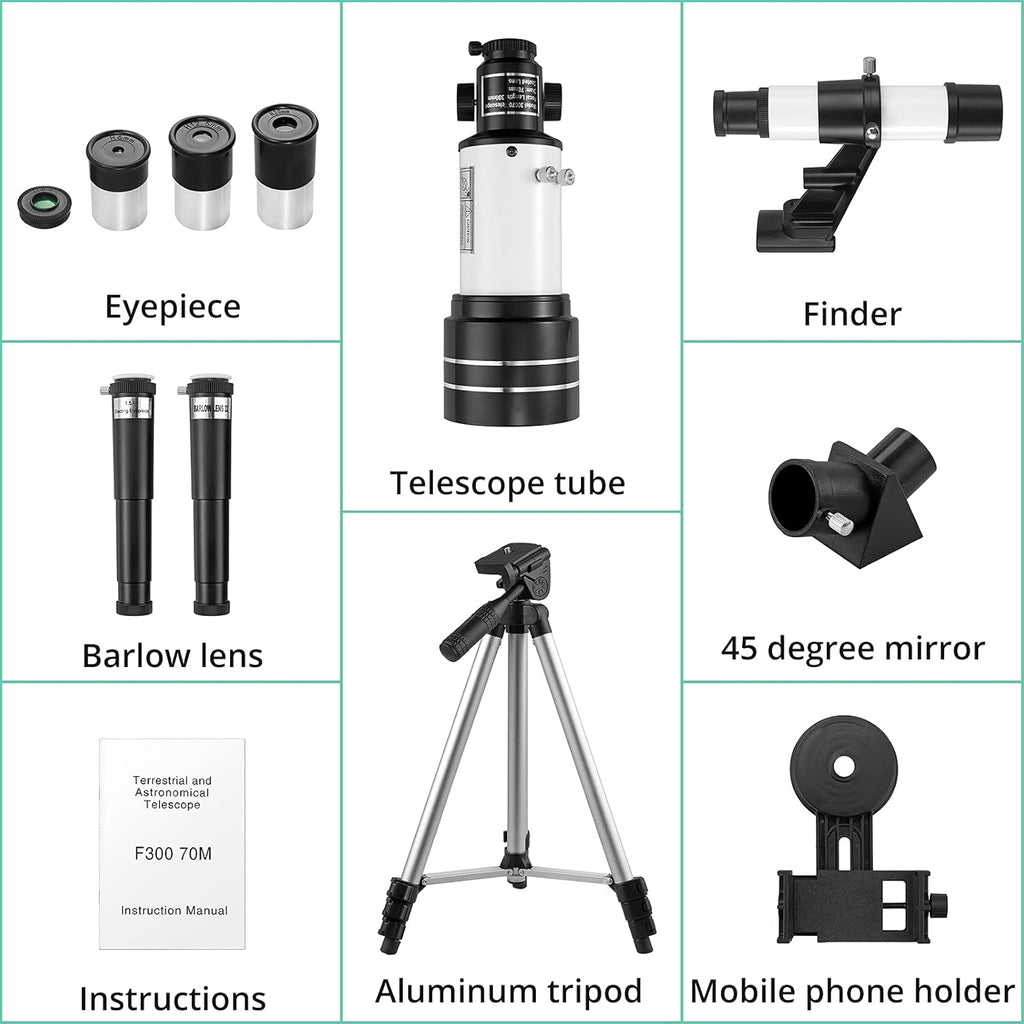 70mm Aperture 300mm Focal Length Refractor Telescope with Adjustable Tripod Stand I7389