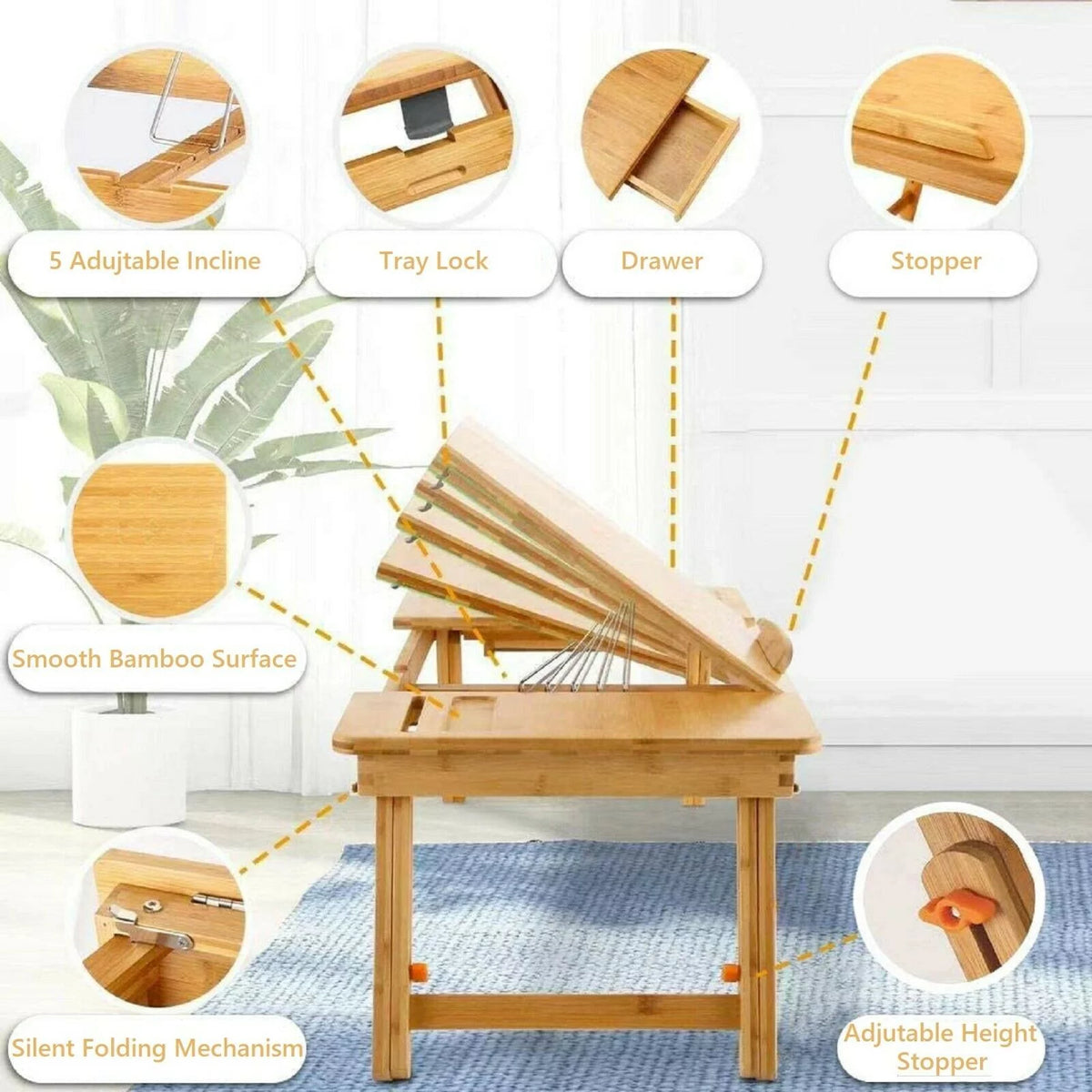 Bamboo Laptop Desk Table with Cooling Fan and Drawer X1300