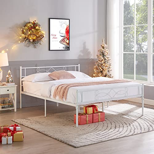 14" Full Size White Metal Platform Bed Frame with Headboard V286