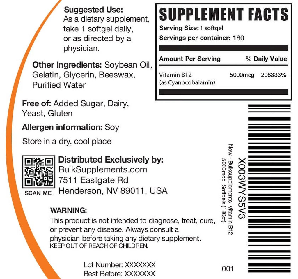 Vitamin B12 Softgels 5000mcg Cyanocobalamin 180 Softgels M2570