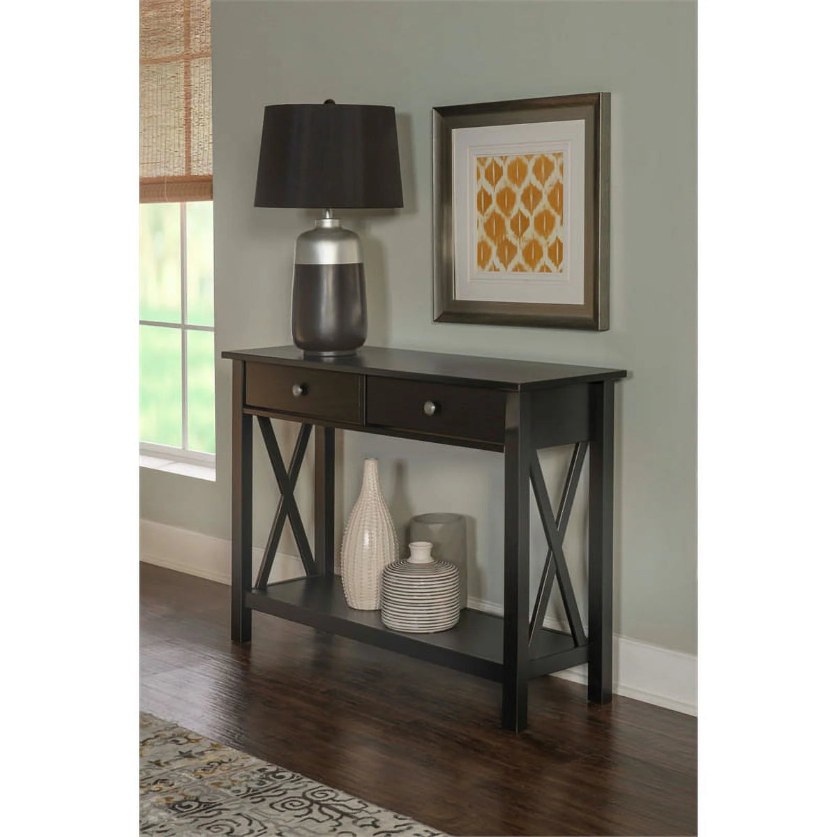 Black 2-Drawer Solid Wood Console Table R355