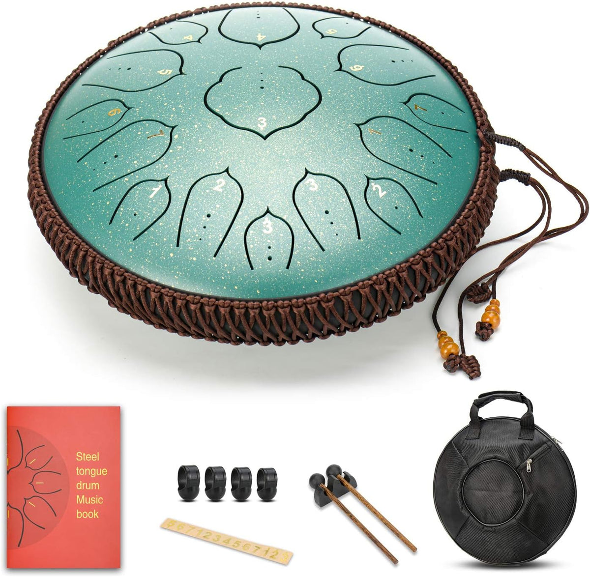 Green 15 Notes 14 Inches Steel Tongue Drum with Carrying Bag & Mallets W317