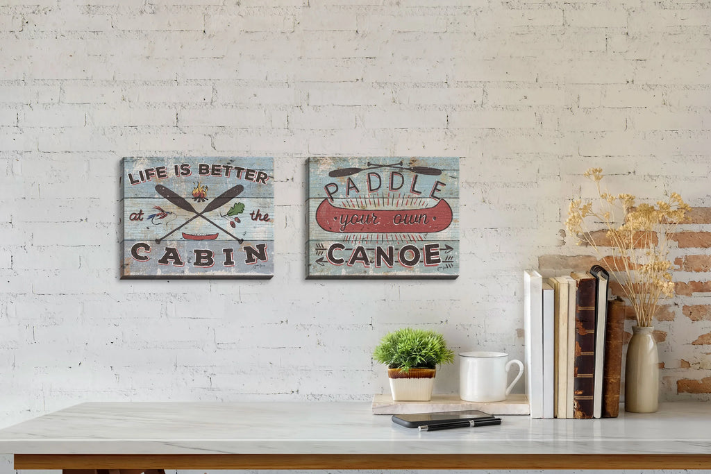 Red and Blue Canoe and Lake Cabin Decor; 2 Stretched Canvases D713