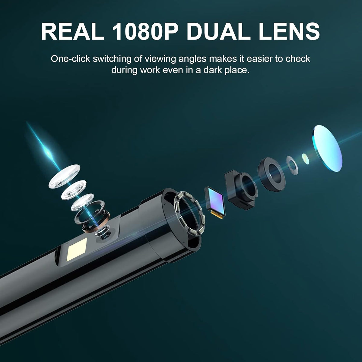 Dual Lens Video Endoscope Camera with Lights, 1080P Borescope Inspection Camera, 8 mm IP67 Waterproof, 16.5FT Semi-Rigid Cable, 32GB Card D42543
