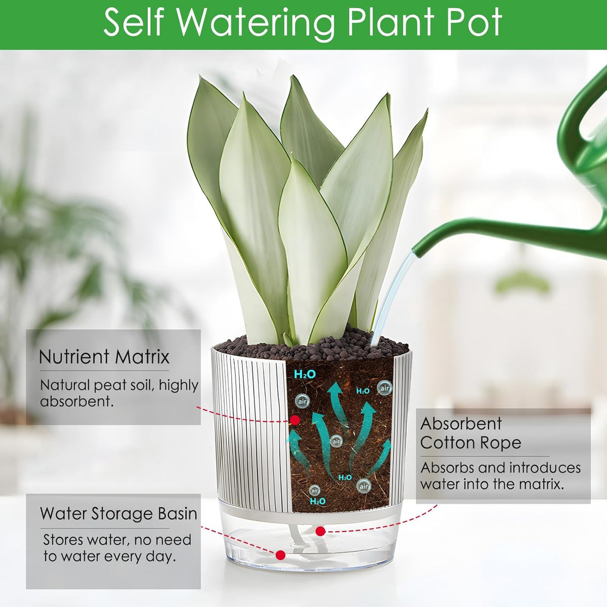 4 Pack Self Watering Pots, 4.3+5.5 Inch Planter Pot with Wick Rope and Reservoir V453