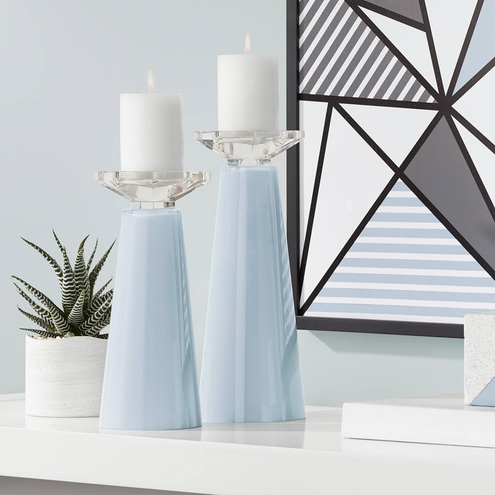 Blue Glass Pillar Candle Holder Set of 2 S848