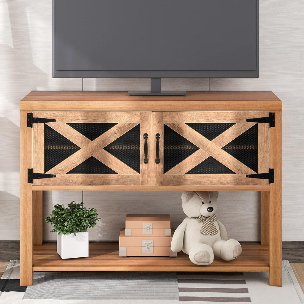 Rustic Console Table with Storage Cabinets and Bottom Shelf E75309