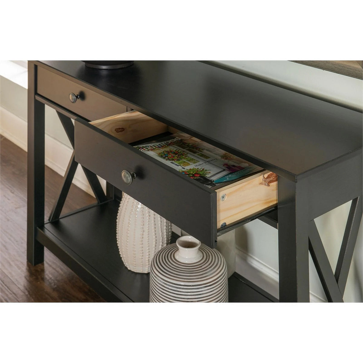 Black 2-Drawer Solid Wood Console Table R355