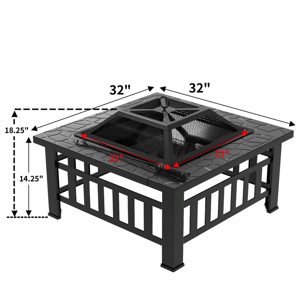 32 Square Metal Fire Pit with Cover and Poker, Black N463907