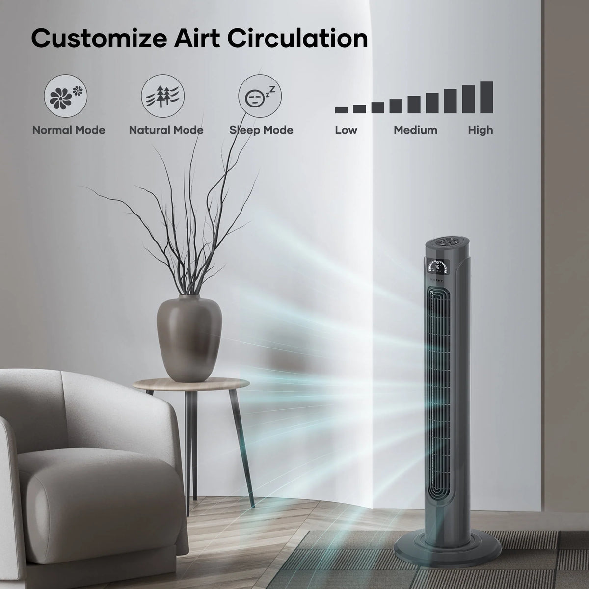 36 Tower Fan with Remote, 3 Speeds 3 Modes 15H Timer, 90° Oscillating, Grey S81923