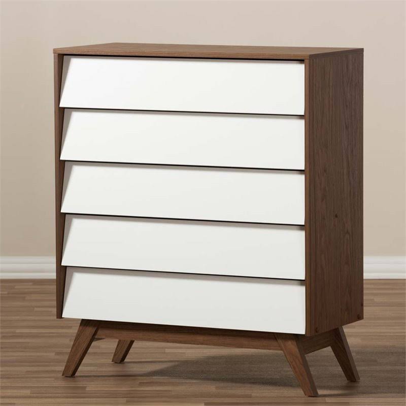 5 Drawer Chest in White and Walnut Brown Z3012