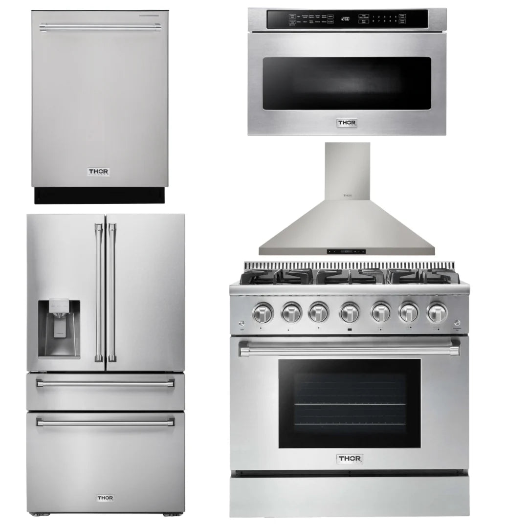 36 Propane Gas Range, Range Hood, Microwave, Refrigerator, Dishwasher A7123