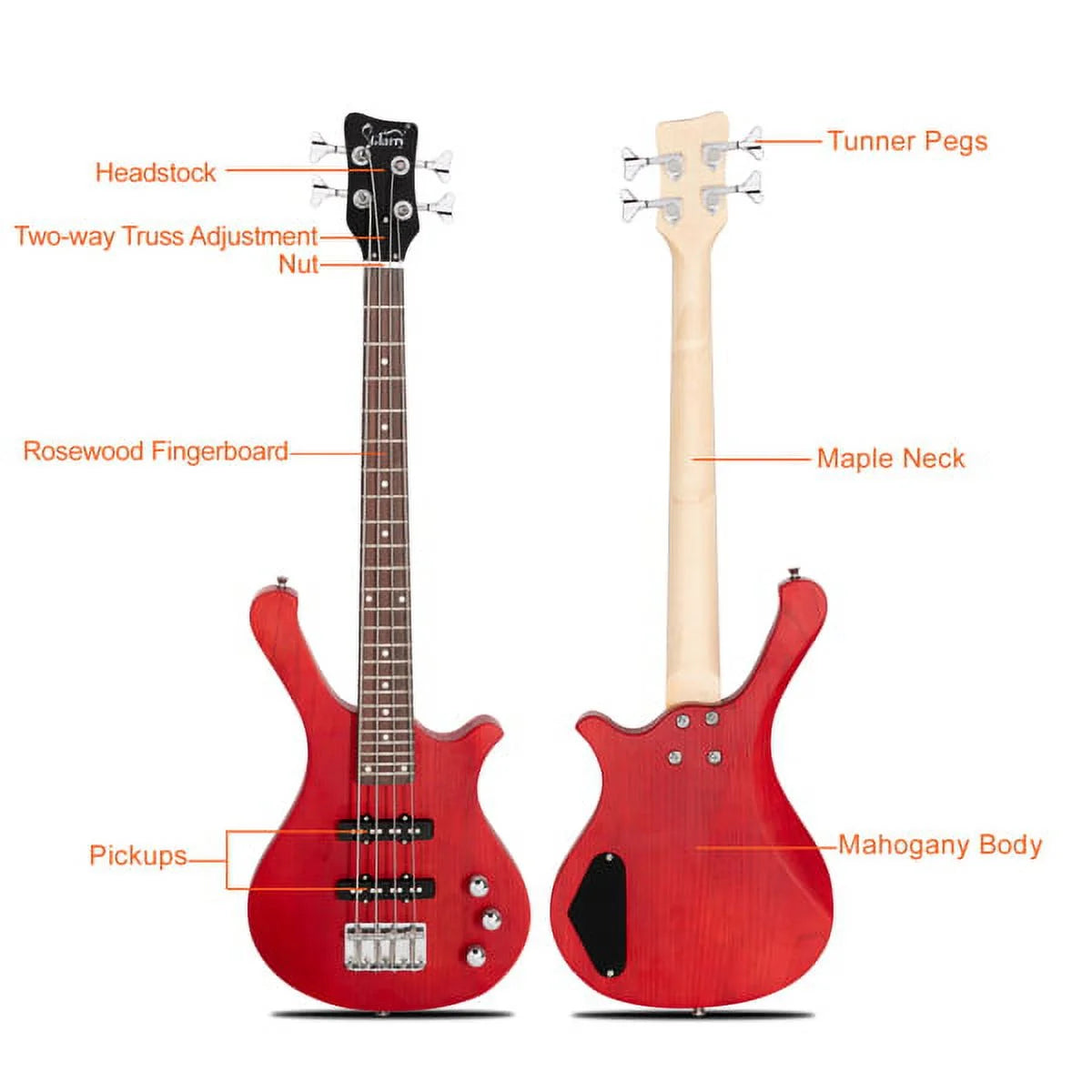 36in Small Scale Electric Bass Guitar with Mahogany Body Red Y612