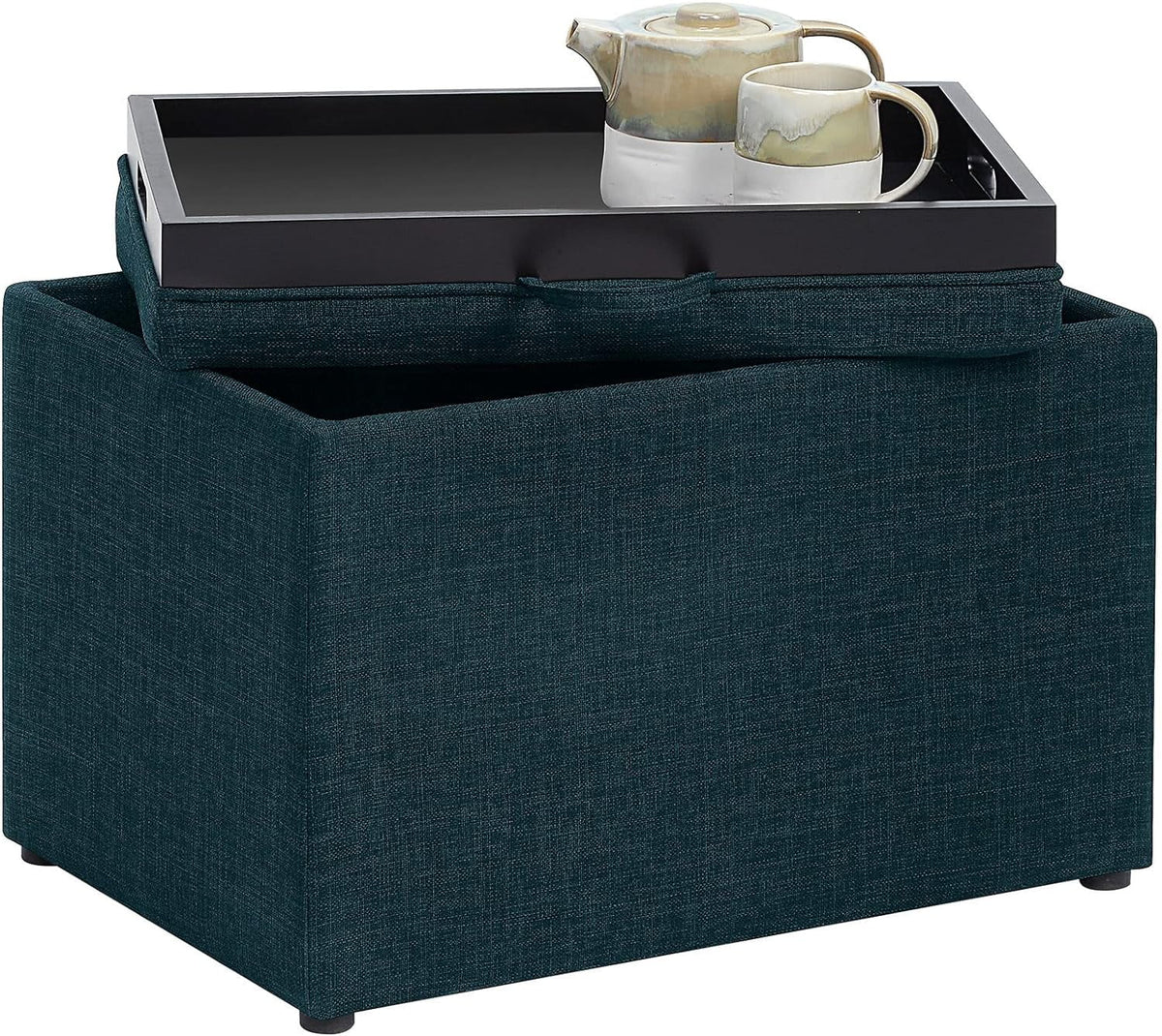 Dark Blue Fabric Storage Ottoman with Tray Q4849