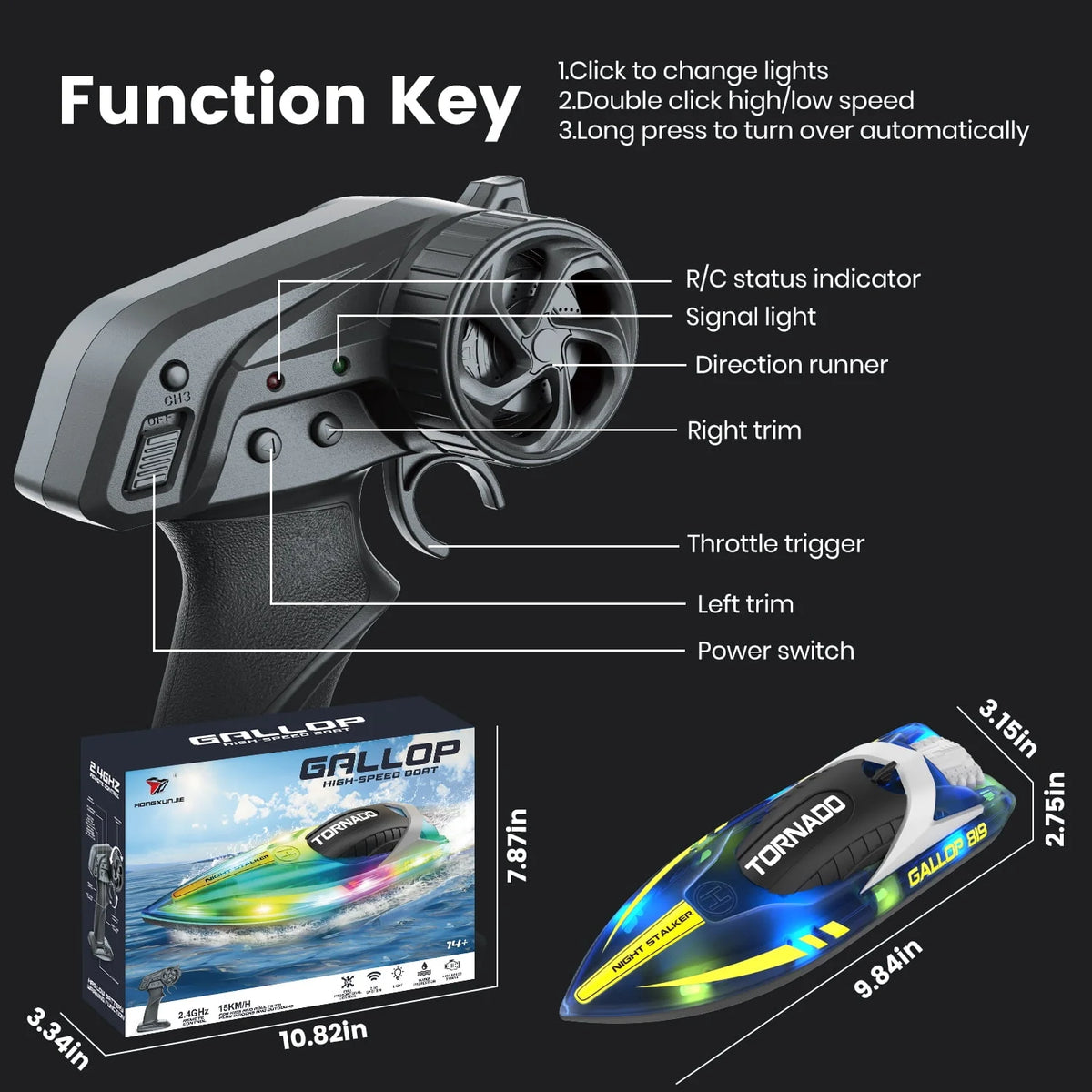 Remote Control Boat with LED Lights, 2 Rechargeable Battery D3268
