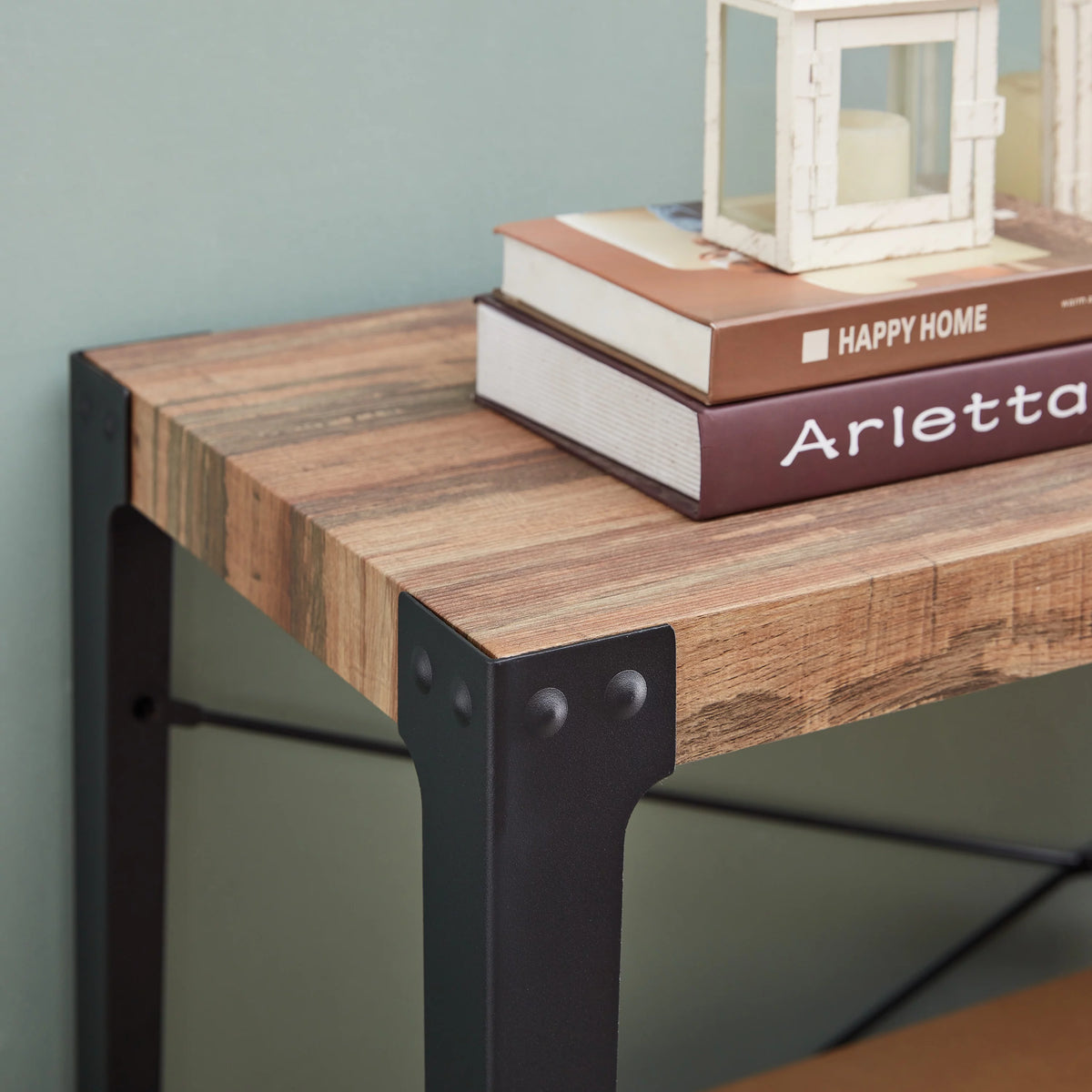 Industrial Console Table with Metal Legs and Distressed Wood Finish F73619